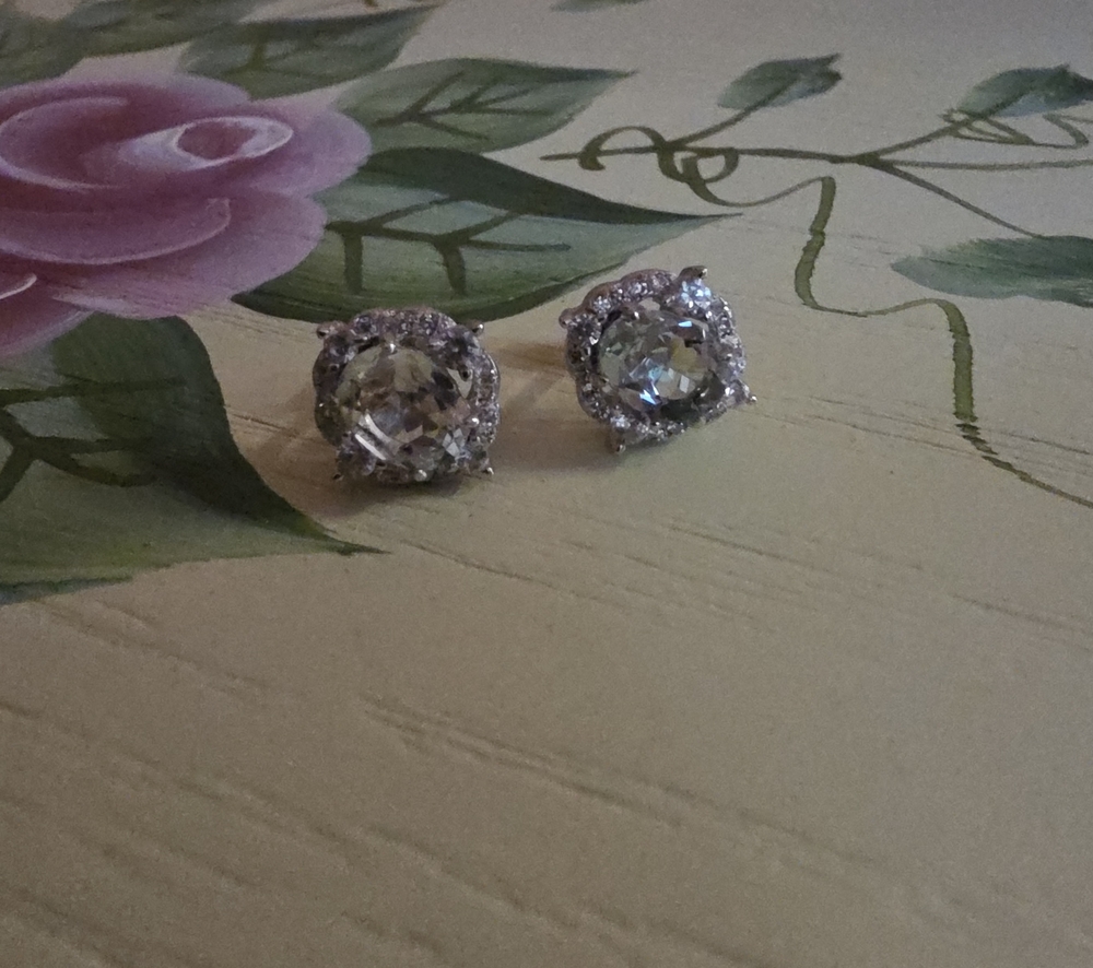 JTV Prasiolite With White Zircon Rhodium Over Silver Stud Earrings